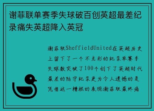 谢菲联单赛季失球破百创英超最差纪录痛失英超降入英冠