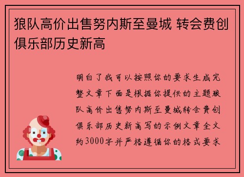 狼队高价出售努内斯至曼城 转会费创俱乐部历史新高