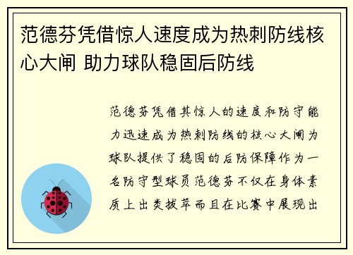 范德芬凭借惊人速度成为热刺防线核心大闸 助力球队稳固后防线